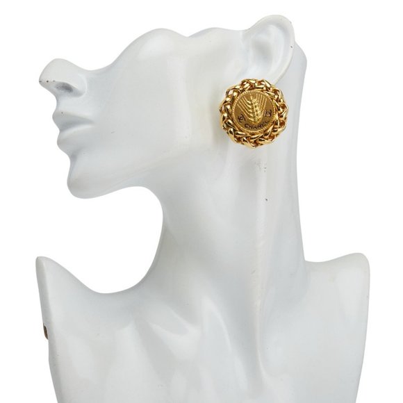 CHANEL Coco Mark Round Wheat and Rice Motif Earrings, Gold Plated, Women's - Picture 7 of 7